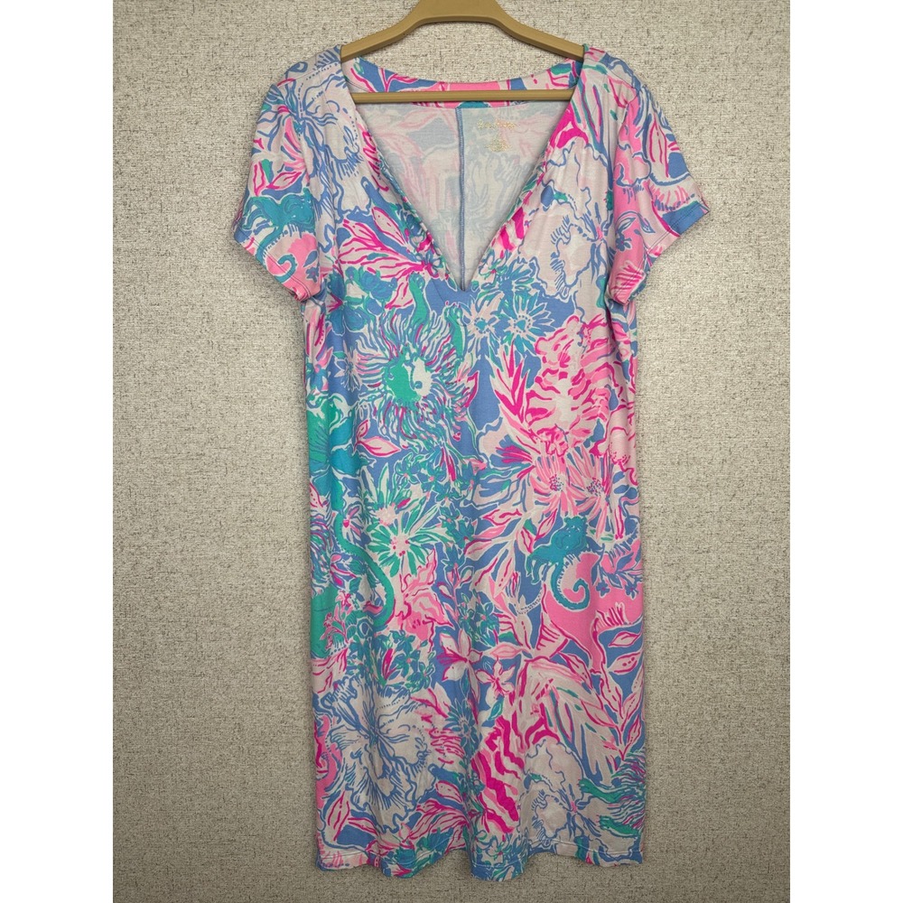 Lilly Pulitzer Pink Periwinkle Tropical Print V-Neck T-Shirt Dress Jersey Size M